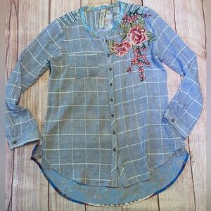 Aratta Silent Journey Button Shirt Floral Embroidered Medium Blouse Top Boho